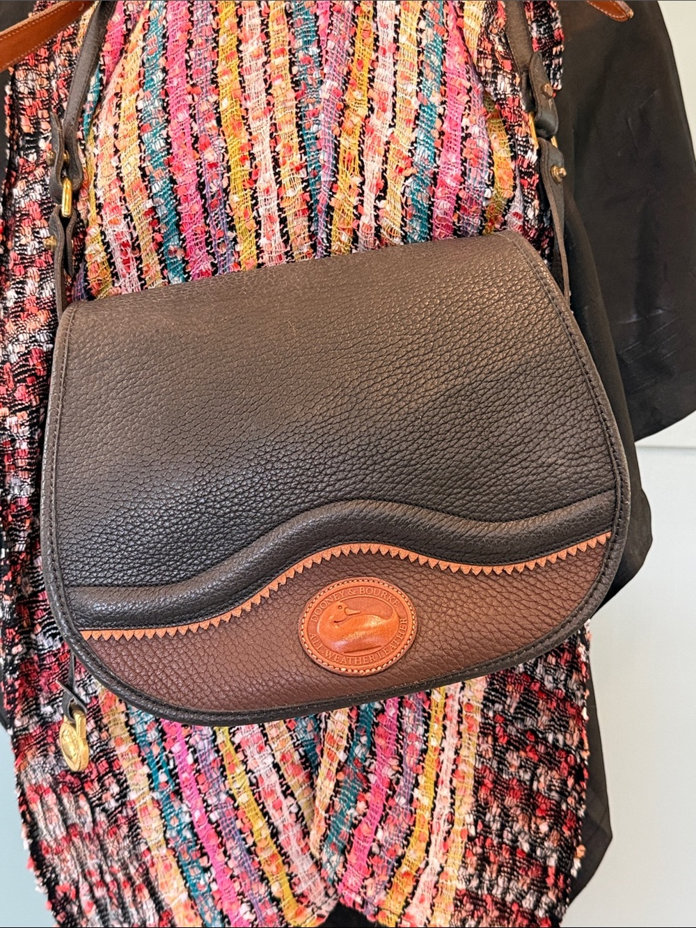 Vintage Dooney & Bourke Black and Brown Pebbled Leather Saddle Bag
